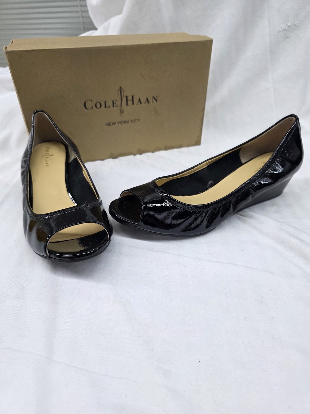 Cole Haan Women's Black Patent Peep-Toe Wedge Flats